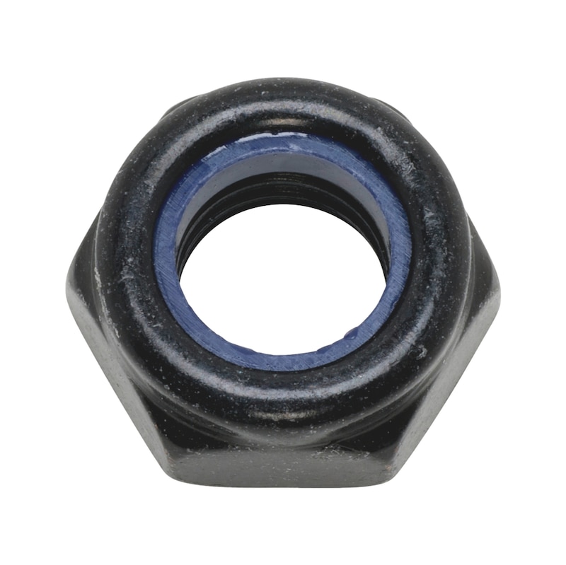 Sechskantmutter niedrige Form mit Klemmteil, Edelstahl A2 schwarz,M4