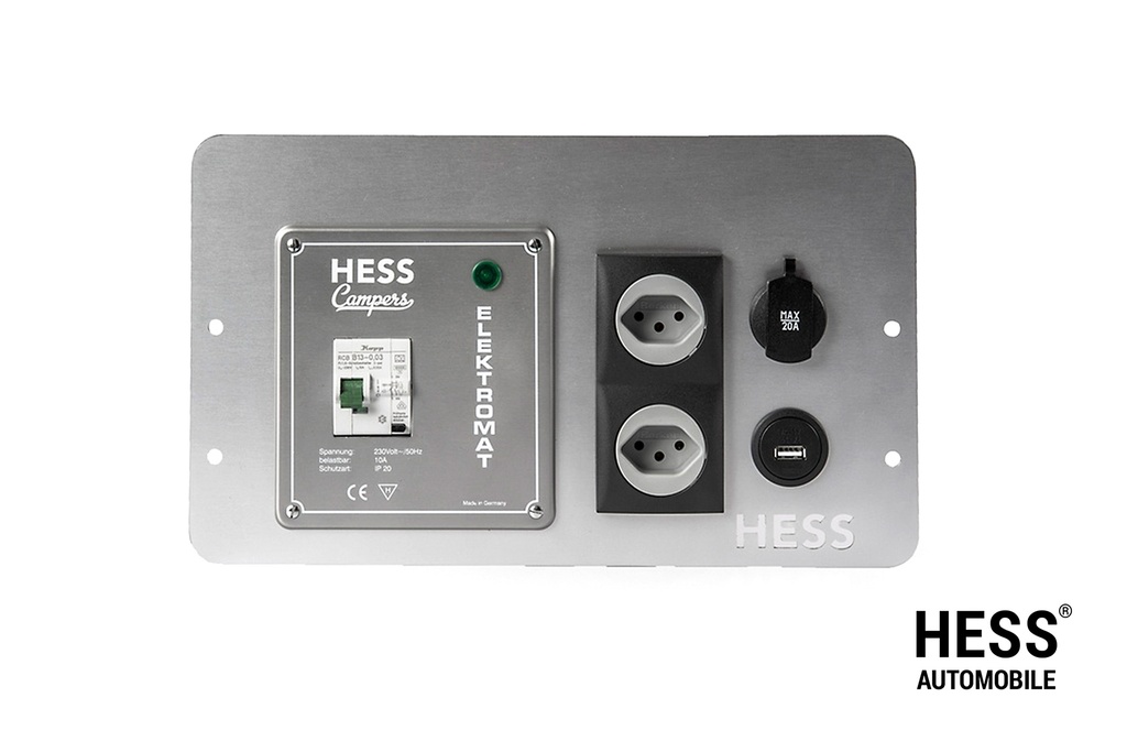 Panel 04 silber mit FI-Schutzschalter, zwei 220W Steckdosen, eine 12Volt Steckdose und eine USB Steckdose