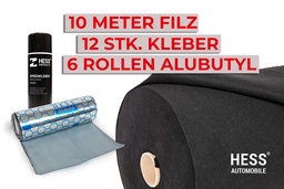 Komplettset Fahrzeugdämmung – 10m Filz, 12x Sprühkleber &amp; 6x Alubutyl-Rollen